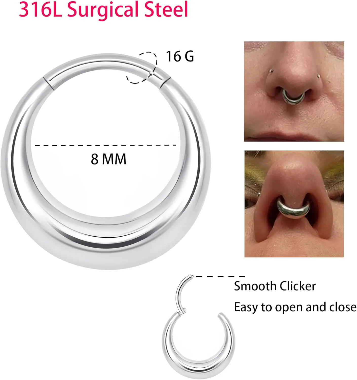 LEE&RO Chunky Septum Ring 16G Jewelry Surgical Steel Septum Piercing Clicker Hoop Nose Ring