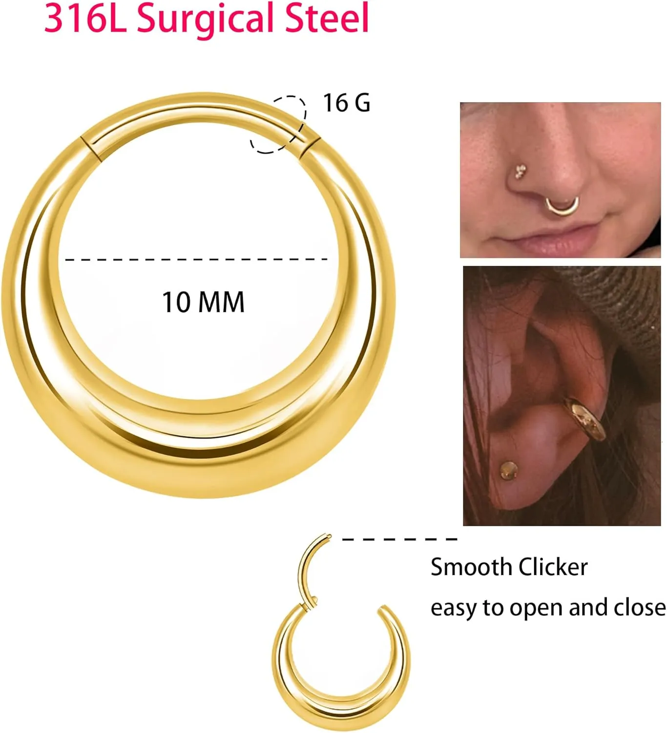 LEE&RO Chunky Septum Ring 16G Jewelry Surgical Steel Septum Piercing Clicker Hoop Nose Ring