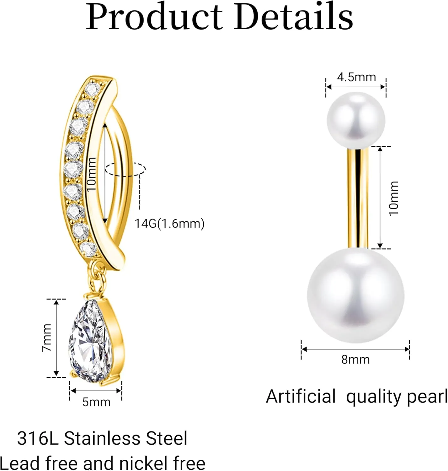LEE&RO Gold Belly Button Ring for Women - Surgical Steel Navel Piercing Jewelry 14G