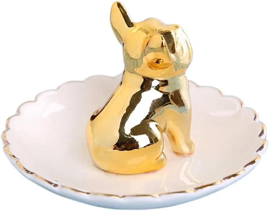 Lependor Dog Ceramic Jewelry Tray Ring Holder Trinket Dish Necklace Earrings Rings Jewelry Organizer Display Jewelry Trinket Holder Home Decoration - Gold Bulldog