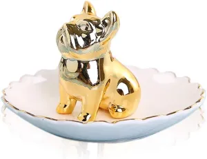Lependor Dog Ceramic Jewelry Tray Ring Holder Trinket Dish Necklace Earrings Rings Jewelry Organizer Display Jewelry Trinket Holder Home Decoration - Gold Bulldog