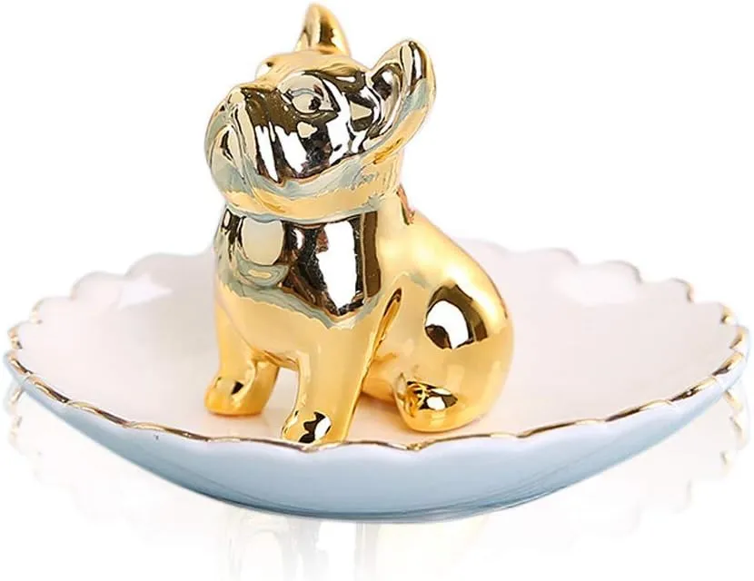 Lependor Dog Ceramic Jewelry Tray Ring Holder Trinket Dish Necklace Earrings Rings Jewelry Organizer Display Jewelry Trinket Holder Home Decoration - Gold Bulldog