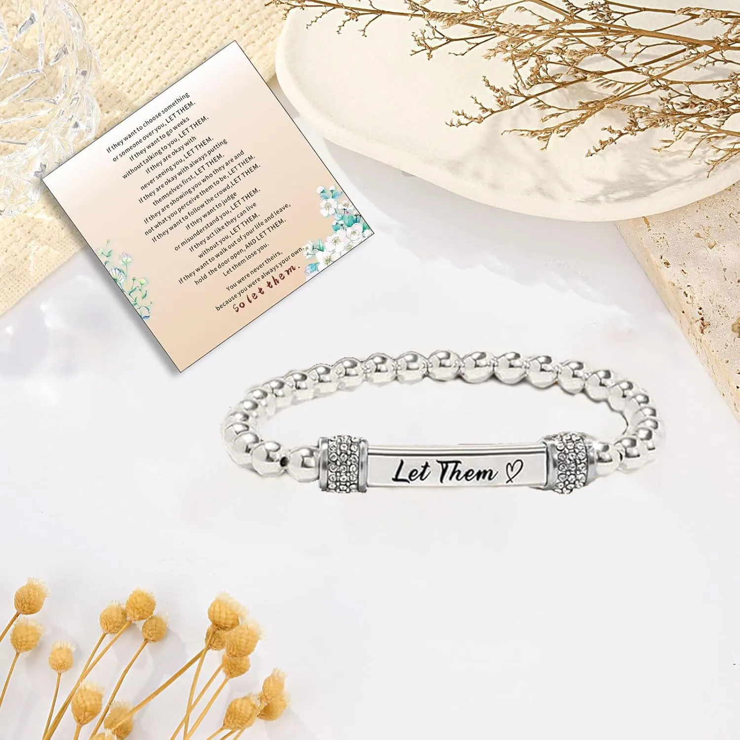 Let Them Dainty Diamond Beaded Stretch Bracelet,Self Worth Motivational Stainless Steel Engraving Bracelets Crystal Energy Chain Bracelet Friendship Bracelets Jewelry for Best Friend Women Men
