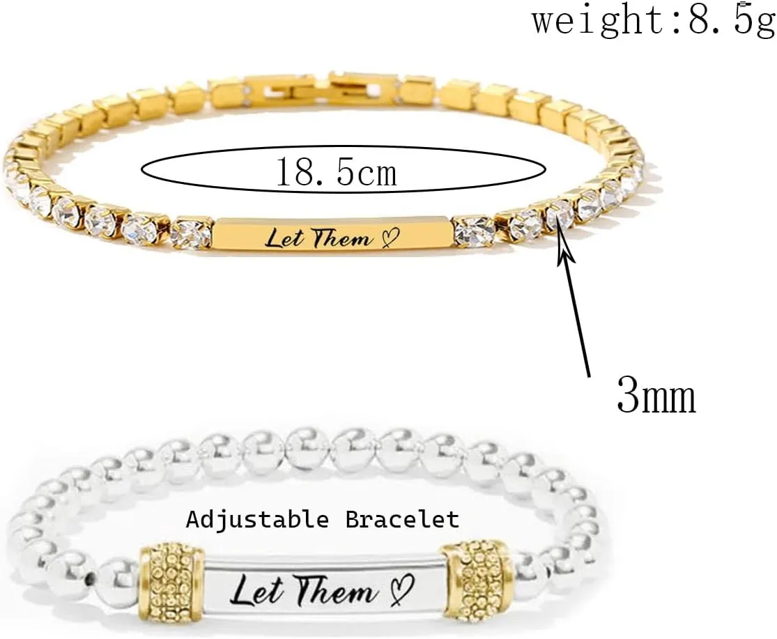 Let Them Dainty Diamond Beaded Stretch Bracelet,Self Worth Motivational Stainless Steel Engraving Bracelets Crystal Energy Chain Bracelet Friendship Bracelets Jewelry for Best Friend Women Men
