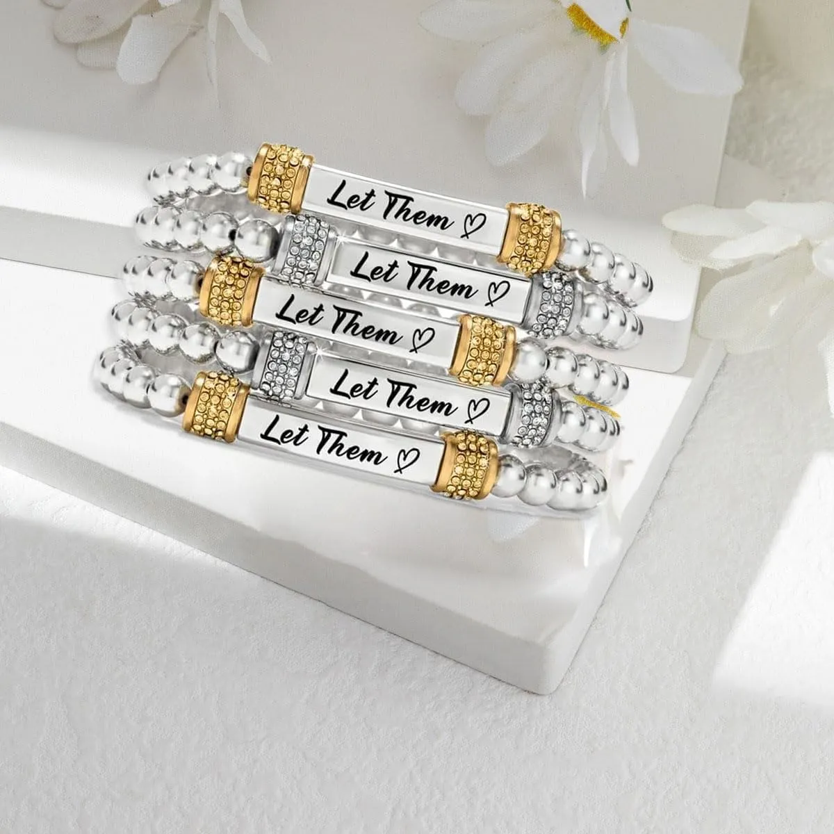Let Them Dainty Diamond Beaded Stretch Bracelet,Self Worth Motivational Stainless Steel Engraving Bracelets Crystal Energy Chain Bracelet Friendship Bracelets Jewelry for Best Friend Women Men