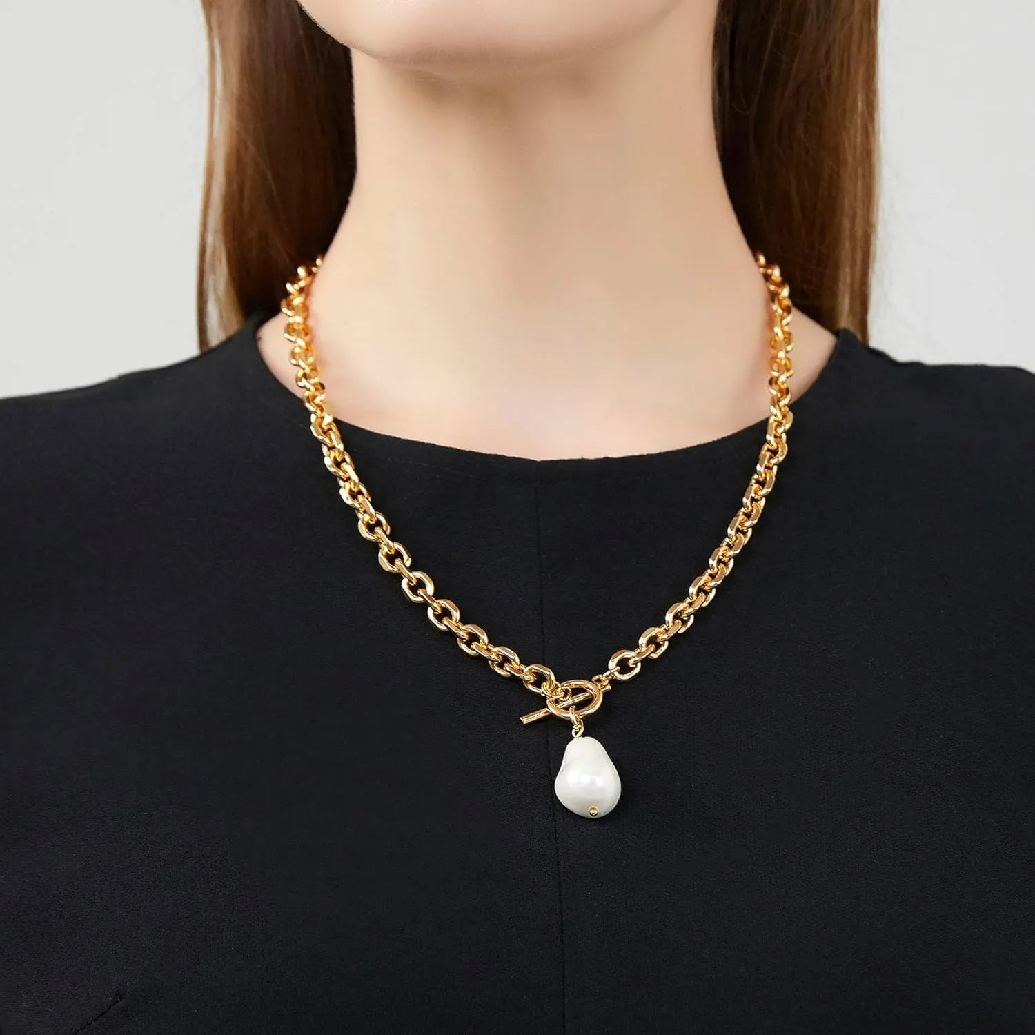 Link Chain Toggle Clasp Baroque Pearl Necklace for Women 14k Gold Plated Charm Pendant Chunky Necklaces For Women Trendy