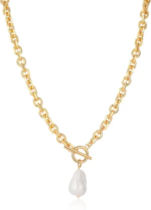 Link Chain Toggle Clasp Baroque Pearl Necklace for Women 14k Gold Plated Charm Pendant Chunky Necklaces For Women Trendy