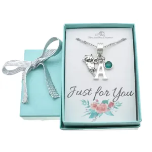 Little Girl's Kitty Cat Necklace in Silver Personalized with Initial and Birthstone Crystal. Little Girls Jewelry. Kitten Necklace