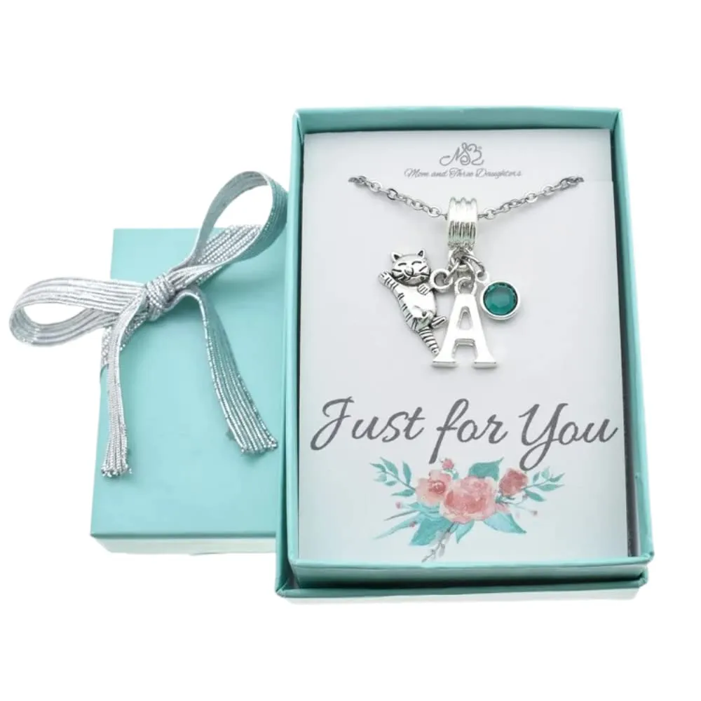 Little Girl's Kitty Cat Necklace in Silver Personalized with Initial and Birthstone Crystal. Little Girls Jewelry. Kitten Necklace