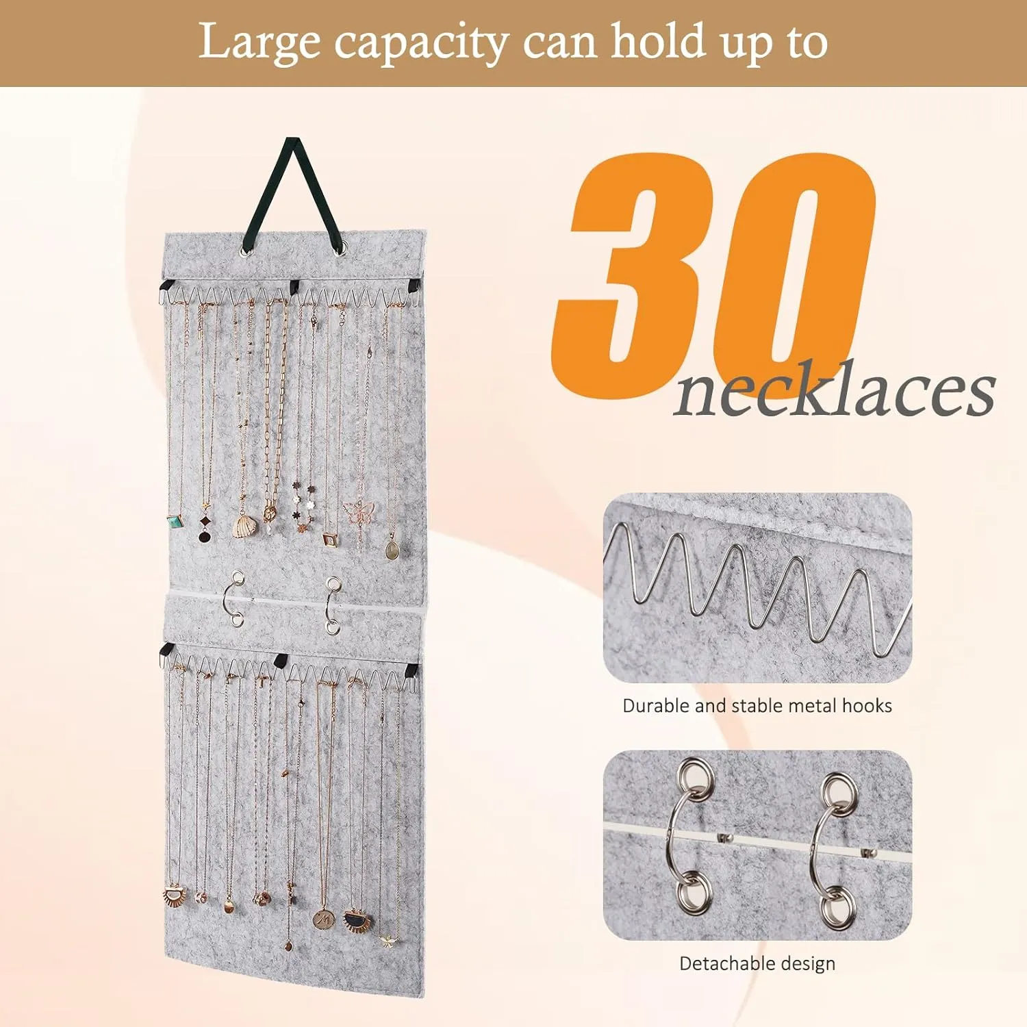 Lolalet Hanging Jewelry Organizer, Necklaces Wall Closet Door Storage, Accessories Jewelry Display for Women Girls -Grey
