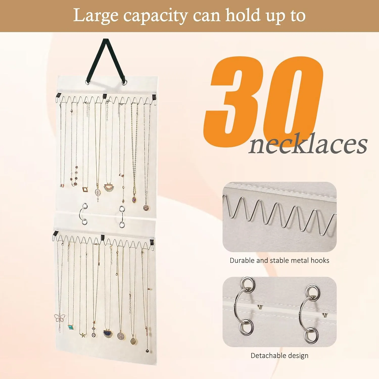 Lolalet Hanging Necklace Holder Organizer, Felt Necklaces Storage Display for Wall Closet Door Women Girls -Beige