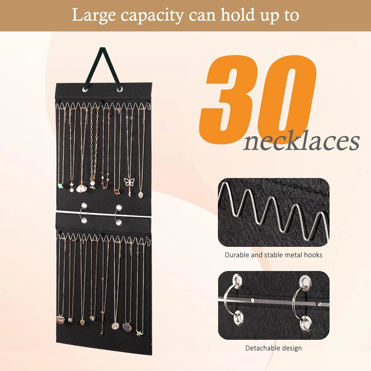Lolalet Hanging Necklace Holder Organizer, Felt Necklaces Storage Display for Wall Closet Door Women Girls -Black