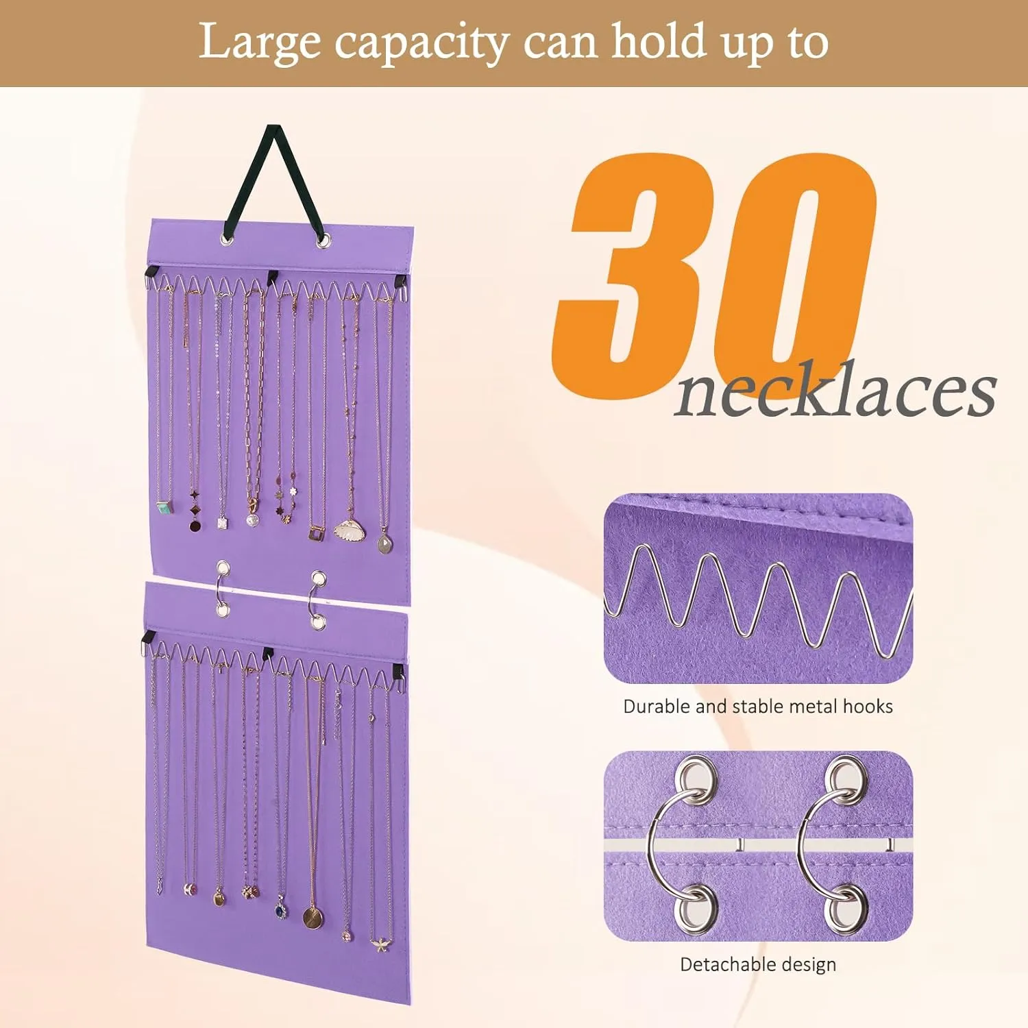 Lolalet Hanging Necklace Holder Organizer, Felt Necklaces Storage Display for Wall Closet Door Women Girls -Purple