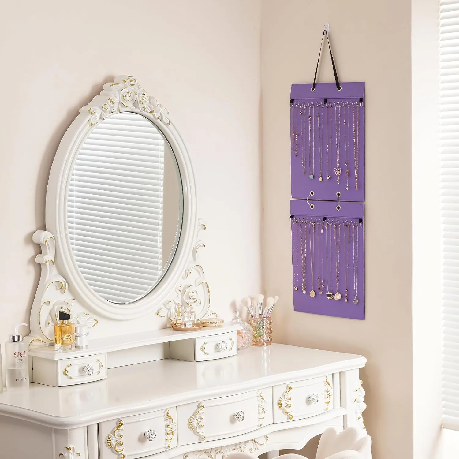 Lolalet Hanging Necklace Holder Organizer, Felt Necklaces Storage Display for Wall Closet Door Women Girls -Purple