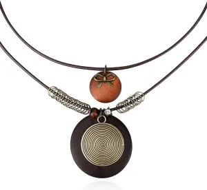 Long Boho Necklaces for Women, Adjustable Stacking Wax Leather Cord Wooden Disc Pendant Vintage Ethnic Style Jewelry Gift, Trendy Western Cowgirl Sweater Chain Accessories