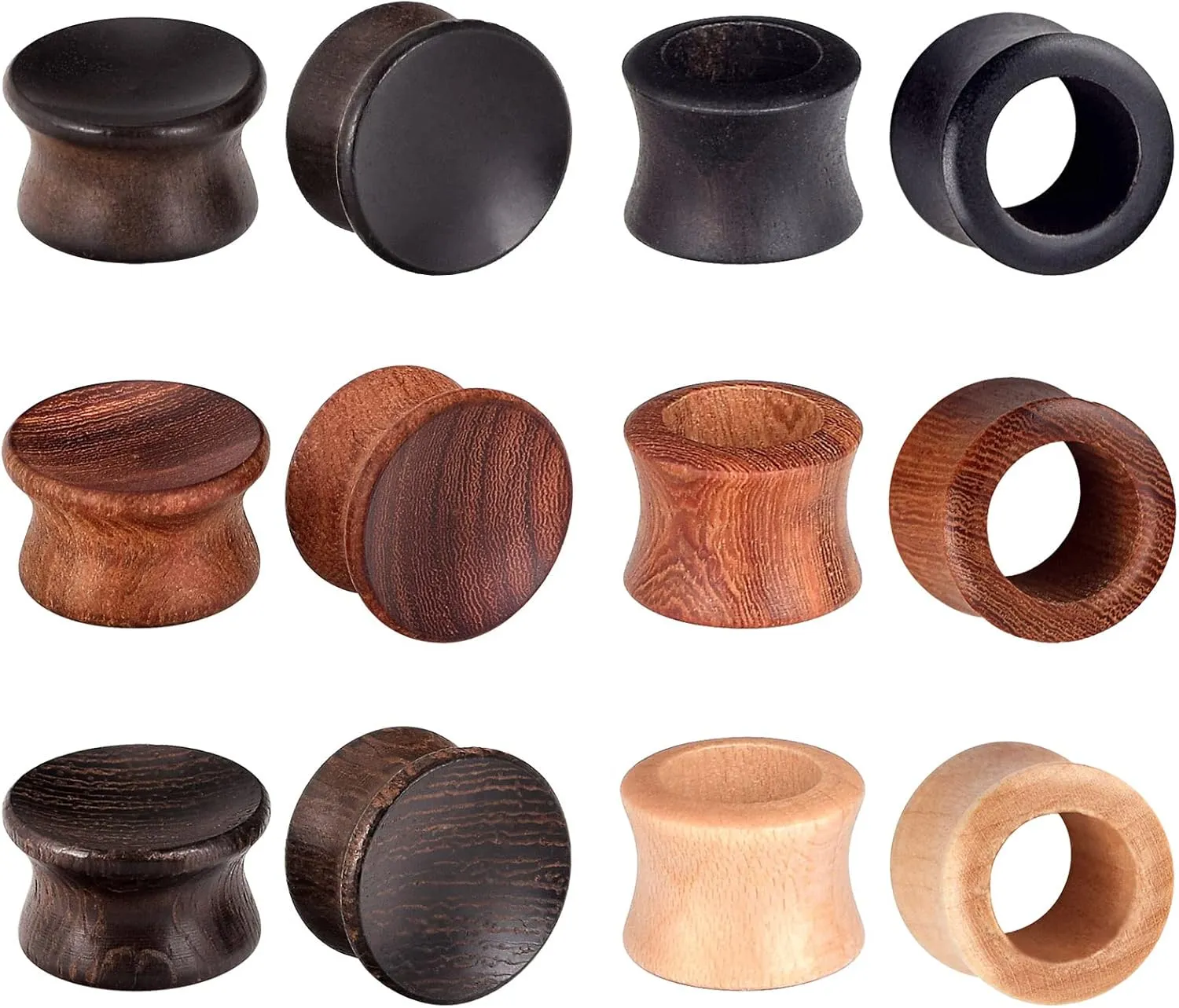 Longbeauty 12pcs Wood Ear Tunnels Plugs Black Brown Natural Organic Ear Gauges Stretchers Body Piercings 0g-5/8