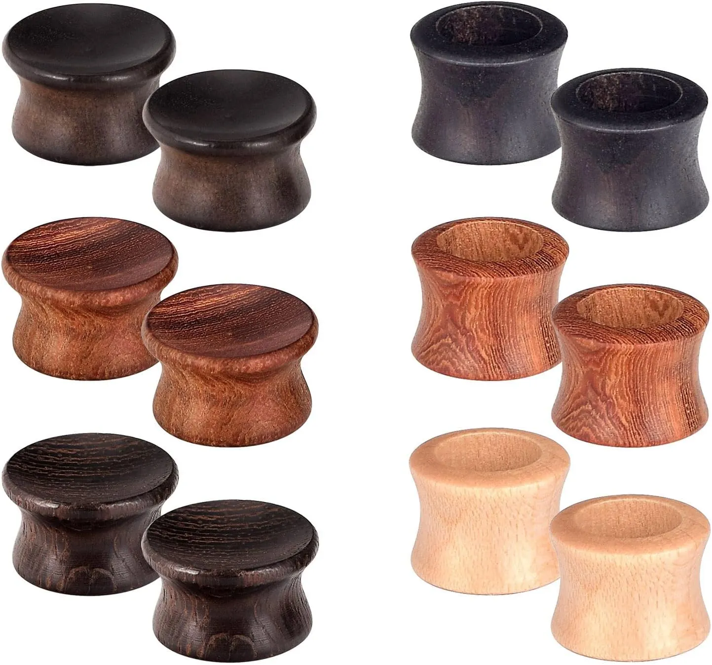 Longbeauty 12pcs Wood Ear Tunnels Plugs Black Brown Natural Organic Ear Gauges Stretchers Body Piercings 0g-5/8