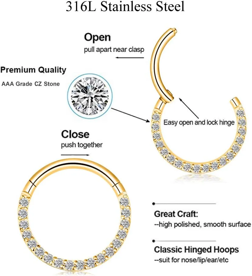 Longbeauty 16G CZ Opal Hinged Segment Nose Rings Hoop 316L Surgical Steel Helix Cartilage Tragus Earrings Septum Clicker Ring 8mm 10mm