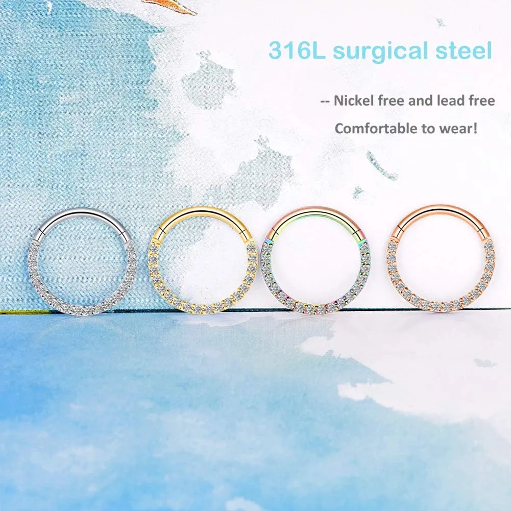 Longbeauty 16G CZ Opal Hinged Segment Nose Rings Hoop 316L Surgical Steel Helix Cartilage Tragus Earrings Septum Clicker Ring 8mm 10mm