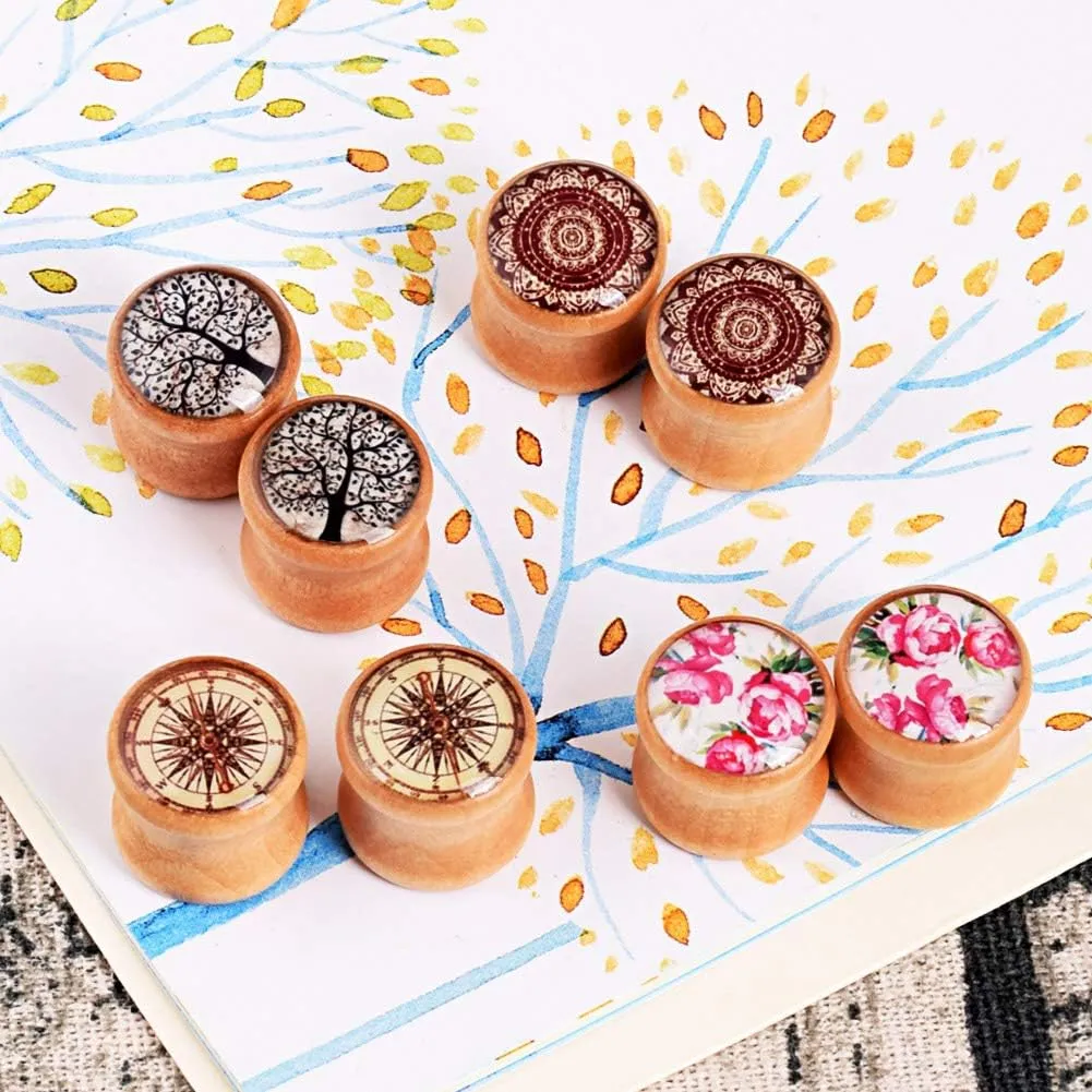 Longbeauty 4 Pairs Organic Wood Double Flared Ear Tunnels Expander Plugs Stretcher Piercings