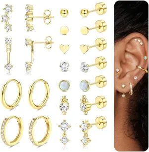 LOYALLOOK Hypoallergenic Flat Back Earrings for Women Trendy 20G Surgical Stainless Steel Earrings Gold Cartilage Earring Stacks Small Hoop Earring Sets for Multiple Piercing