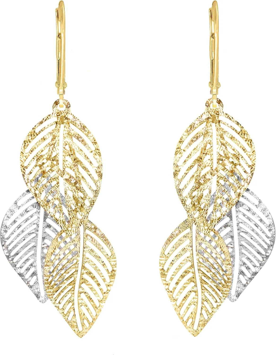Lucchetta - 14K White & Yellow Gold Leaf Earrings Dangle Drop - Stylish & Elegant Womens Jewelry from Italy
