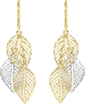 Lucchetta - 14K White & Yellow Gold Leaf Earrings Dangle Drop - Stylish & Elegant Womens Jewelry from Italy