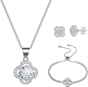 Lucky Clover Bracelet Necklace Earrings Jewelry Set for Women, Classic 4-Leaf White Gold Plated Bracelet Cubic Zirconia Studs Earrings Good Luck Pendant Necklace Mothers Day Jewelry Gifts