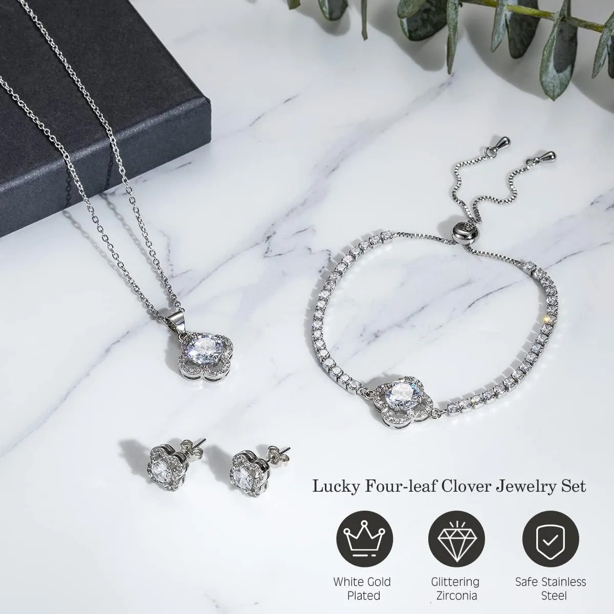 Lucky Clover Bracelet Necklace Earrings Jewelry Set for Women, Classic 4-Leaf White Gold Plated Bracelet Cubic Zirconia Studs Earrings Good Luck Pendant Necklace Mothers Day Jewelry Gifts