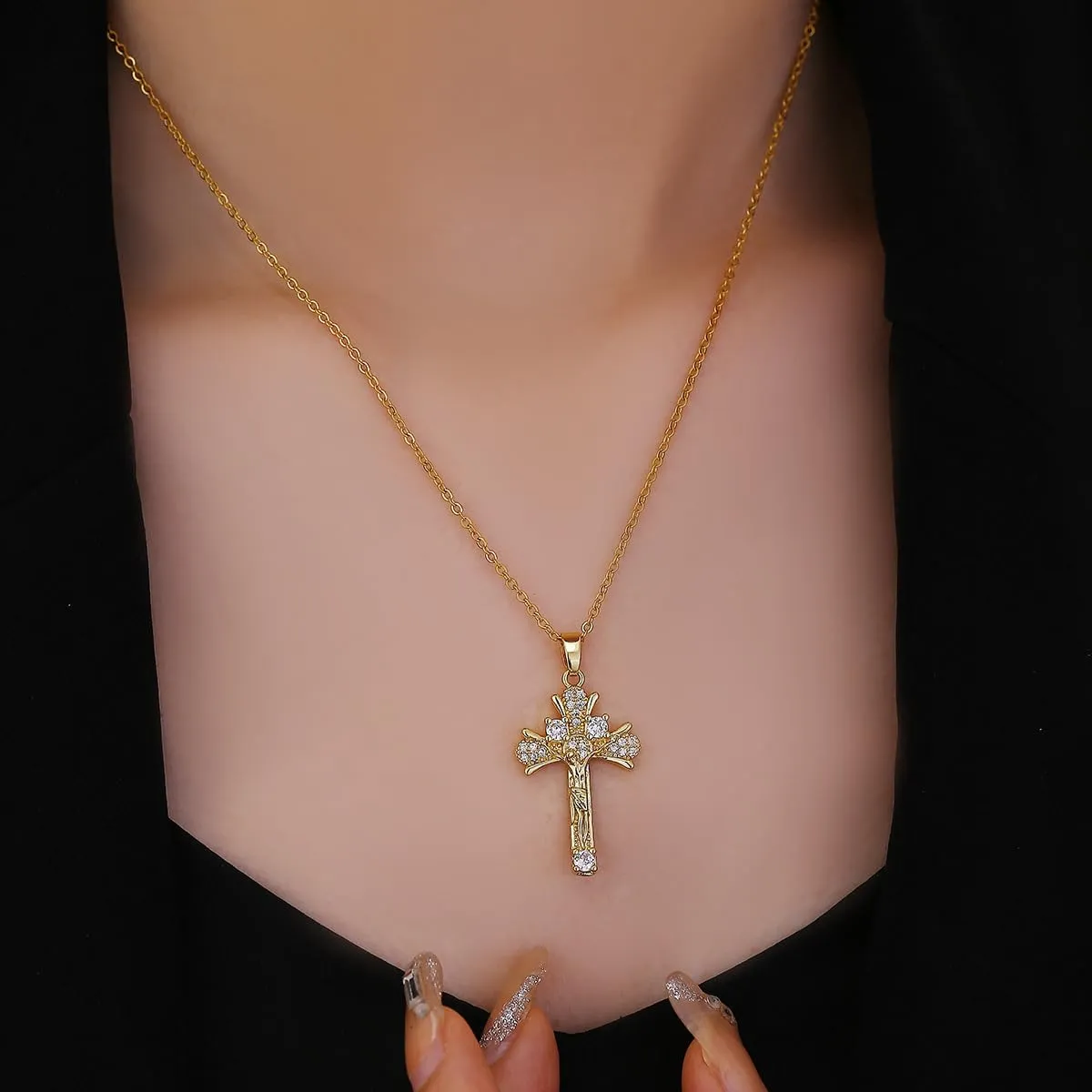 Lyvur Cross Necklace for Women 14 K Gold Plated Crystal Cross Necklaces Ribbon Pendant with Diamond for Women Trendy Jewelry Gifts