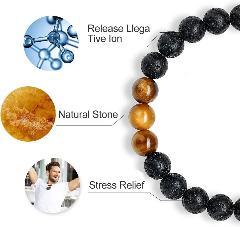 M MOOHAM Natural Stone Bracelets for Men - 8mm Tiger Eye, Matte Agate, Lava Rock - Teen Boys Gifts for Birthday, Anniversary, Christmas