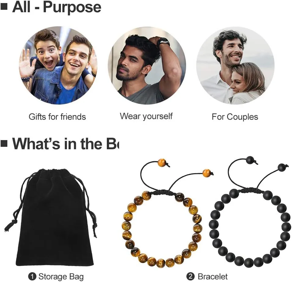 M MOOHAM Natural Stone Bracelets for Men - 8mm Tiger Eye, Matte Agate, Lava Rock - Teen Boys Gifts for Birthday, Anniversary, Christmas