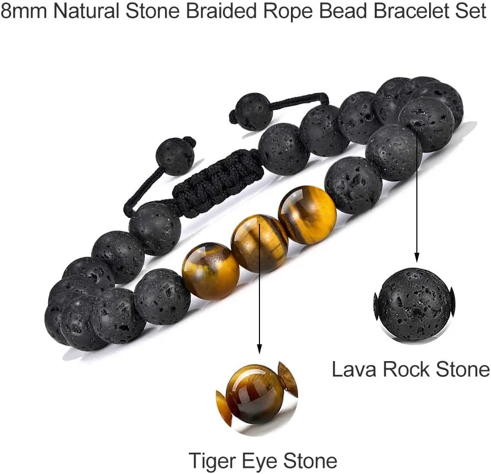 M MOOHAM Natural Stone Bracelets for Men - 8mm Tiger Eye, Matte Agate, Lava Rock - Teen Boys Gifts for Birthday, Anniversary, Christmas