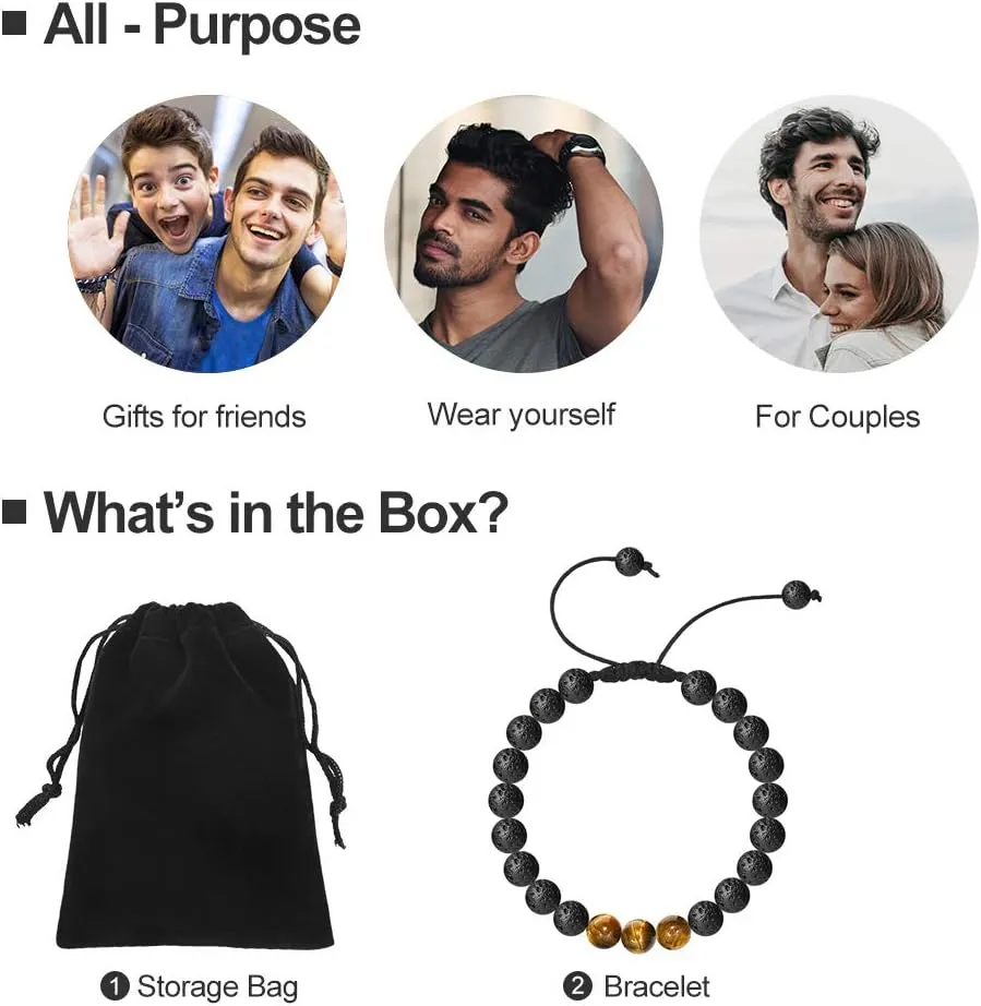 M MOOHAM Natural Stone Bracelets for Men - 8mm Tiger Eye, Matte Agate, Lava Rock - Teen Boys Gifts for Birthday, Anniversary, Christmas