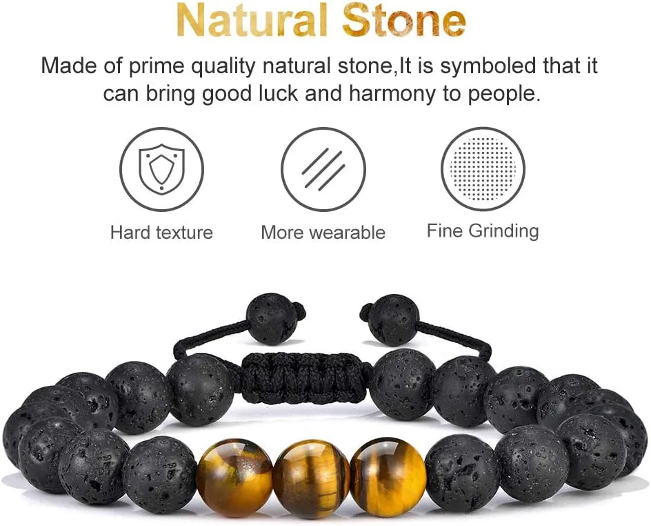 M MOOHAM Natural Stone Bracelets for Men - 8mm Tiger Eye, Matte Agate, Lava Rock - Teen Boys Gifts for Birthday, Anniversary, Christmas