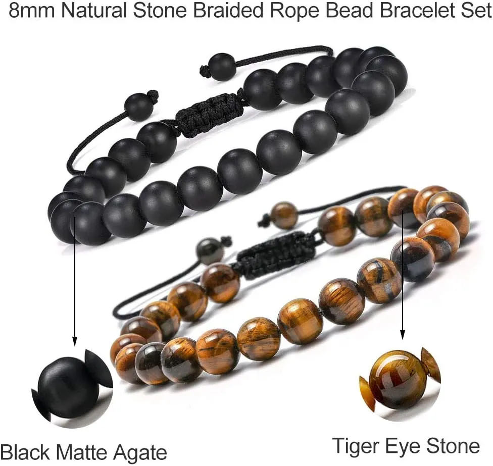 M MOOHAM Natural Stone Bracelets for Men - 8mm Tiger Eye, Matte Agate, Lava Rock - Teen Boys Gifts for Birthday, Anniversary, Christmas