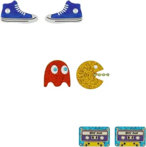 Madison Tyler 3 Pairs 80S 90S Earrings for Women | Funny CD Flip Phone Boots Pac-Man Sneakers Cassette Tape Gum Ball Machine Troll Game boy Stud Earrings Set
