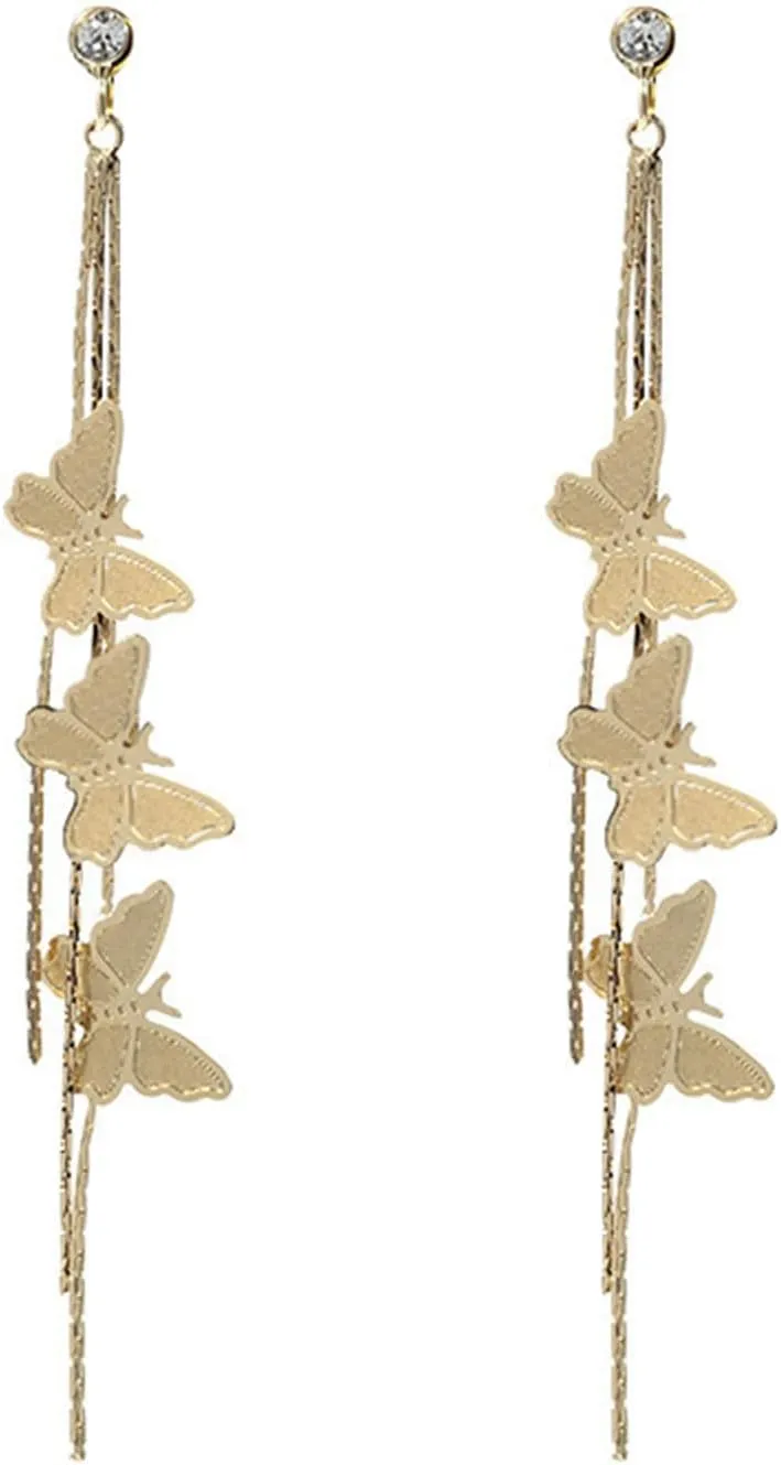 MALOYANVE Crystal Butterfly Pendant Tassel Earrings for Women Silver Gold Plated Long Zircon Butterfly Drop Dangle Earrings Jewelry