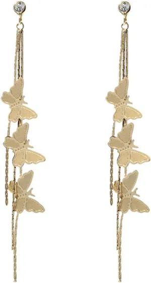 MALOYANVE Crystal Butterfly Pendant Tassel Earrings for Women Silver Gold Plated Long Zircon Butterfly Drop Dangle Earrings Jewelry