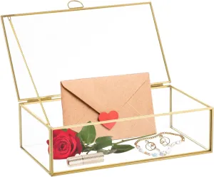 MAOPINER Vintage Gold Glass Jewelry Box, 7.8 x 4.3 x 2.3 inch Decorative Glass Display Organizer with Lid, Clear Rectangular Design for Rings, Bracelets, Earrings