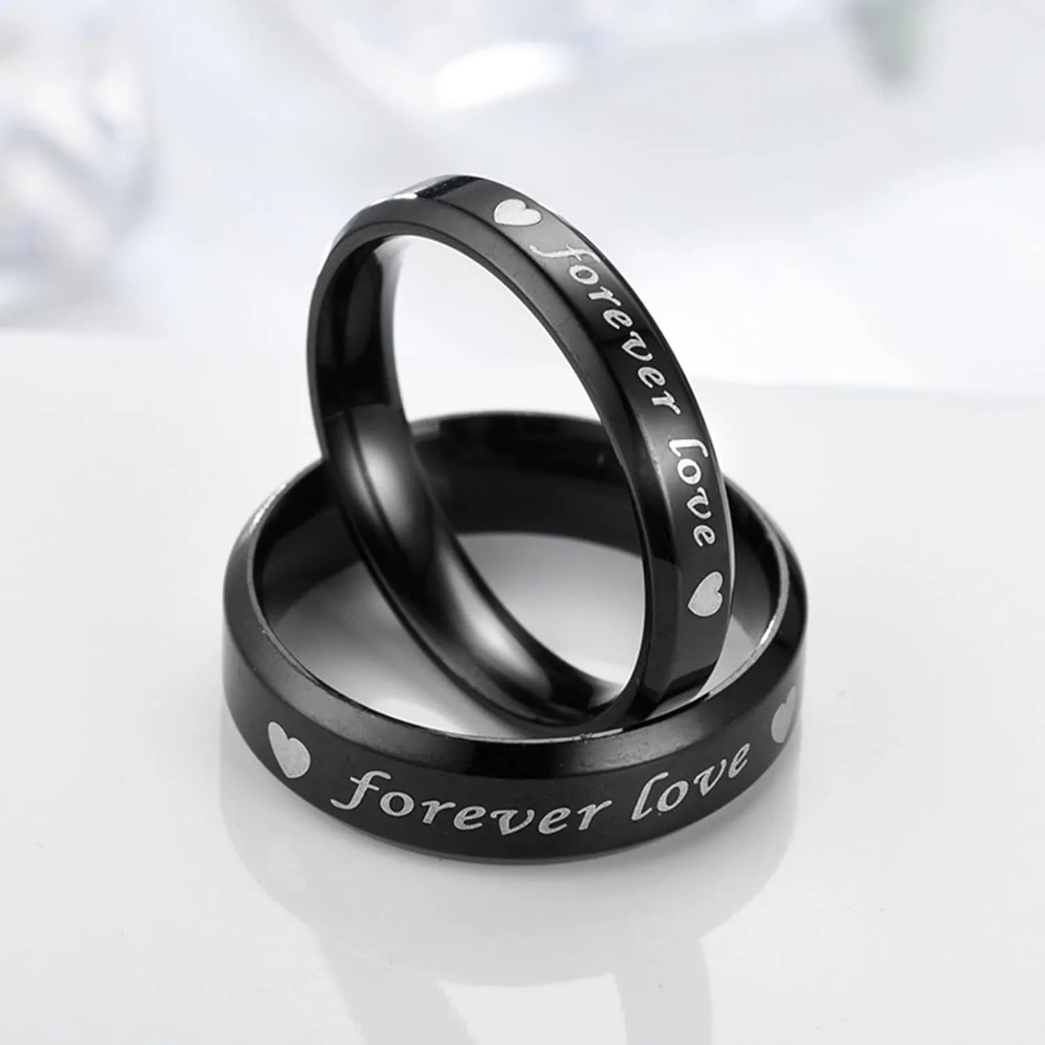 Matching Friendship Rings Black Ring Forever Love Heart, Stainless Steel Couple Rings