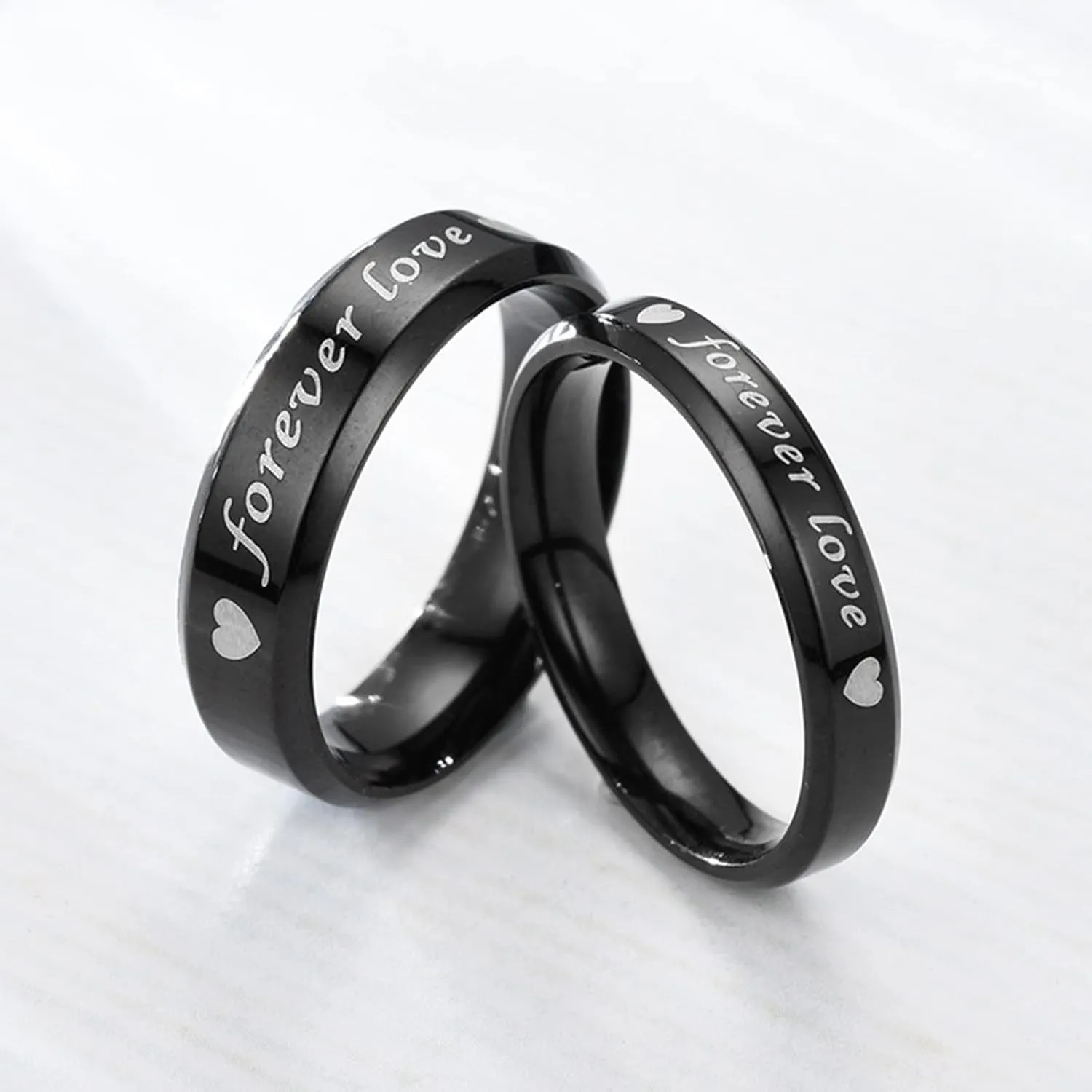 Matching Friendship Rings Black Ring Forever Love Heart, Stainless Steel Couple Rings