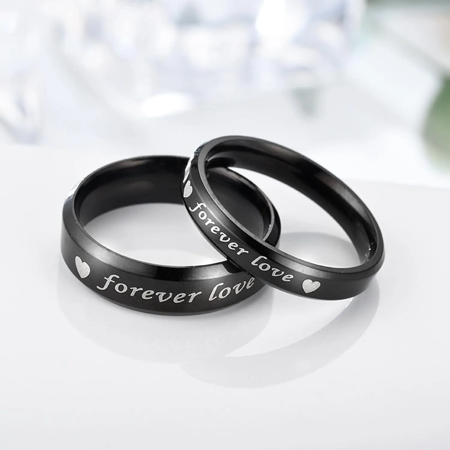 Matching Friendship Rings Black Ring Forever Love Heart, Stainless Steel Couple Rings