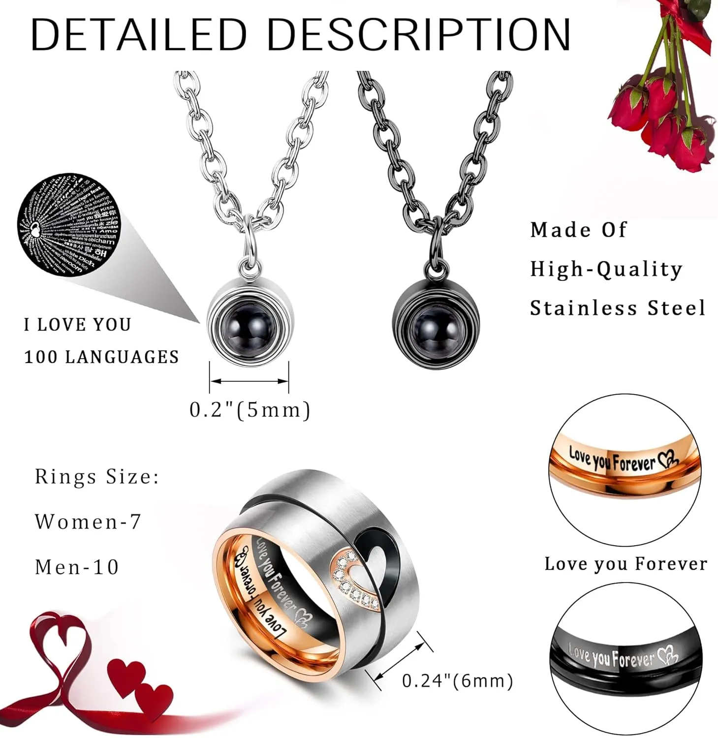 Matching Necklaces For Couples Pendant Necklace For Women Men Matching Promise Rings Pendant Set Stainless Steel Couple Necklace For Him And Her Anniversary Valentine's Day Jewelry Gift