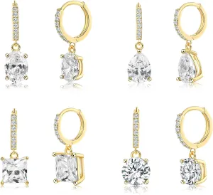 MDFUN 4 Pairs Hoop Dangle Earrings Sets,18K White Gold/Yellow Gold Plated Halo Drop Hoops Earrings Set Cubic Zirconia Earrings for Women