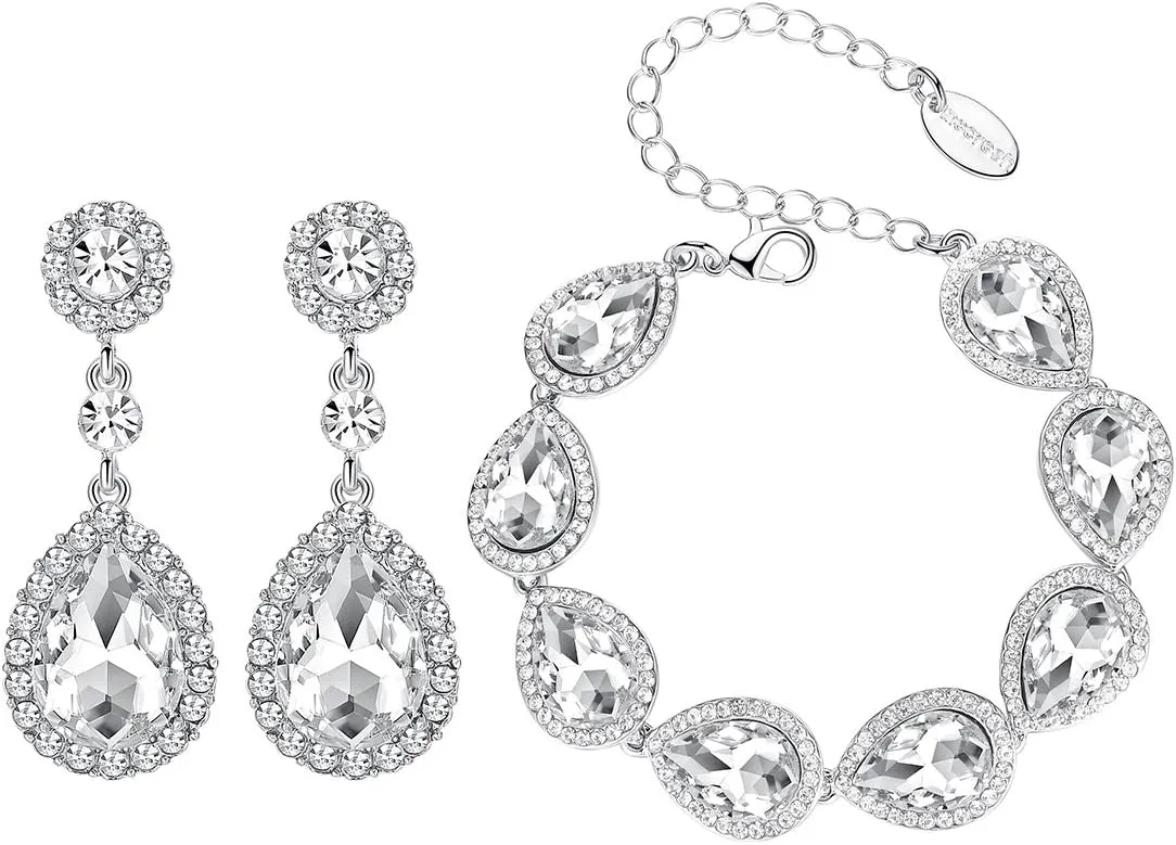 mecresh Flower Teardrop Earring and Bracelets Silver/Gold/Champagne Bridal Jewelry Sets for Women