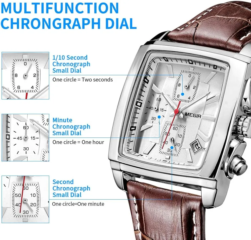 MEGIR Men's Business Analog Chronograph Luminous Rectangle Quartz Watch with Stylish Leather Strap for Sport & Work