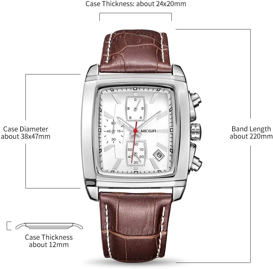 MEGIR Men's Business Analog Chronograph Luminous Rectangle Quartz Watch with Stylish Leather Strap for Sport & Work