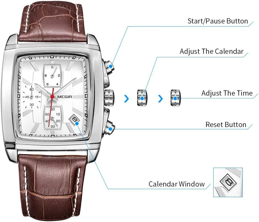 MEGIR Men's Business Analog Chronograph Luminous Rectangle Quartz Watch with Stylish Leather Strap for Sport & Work