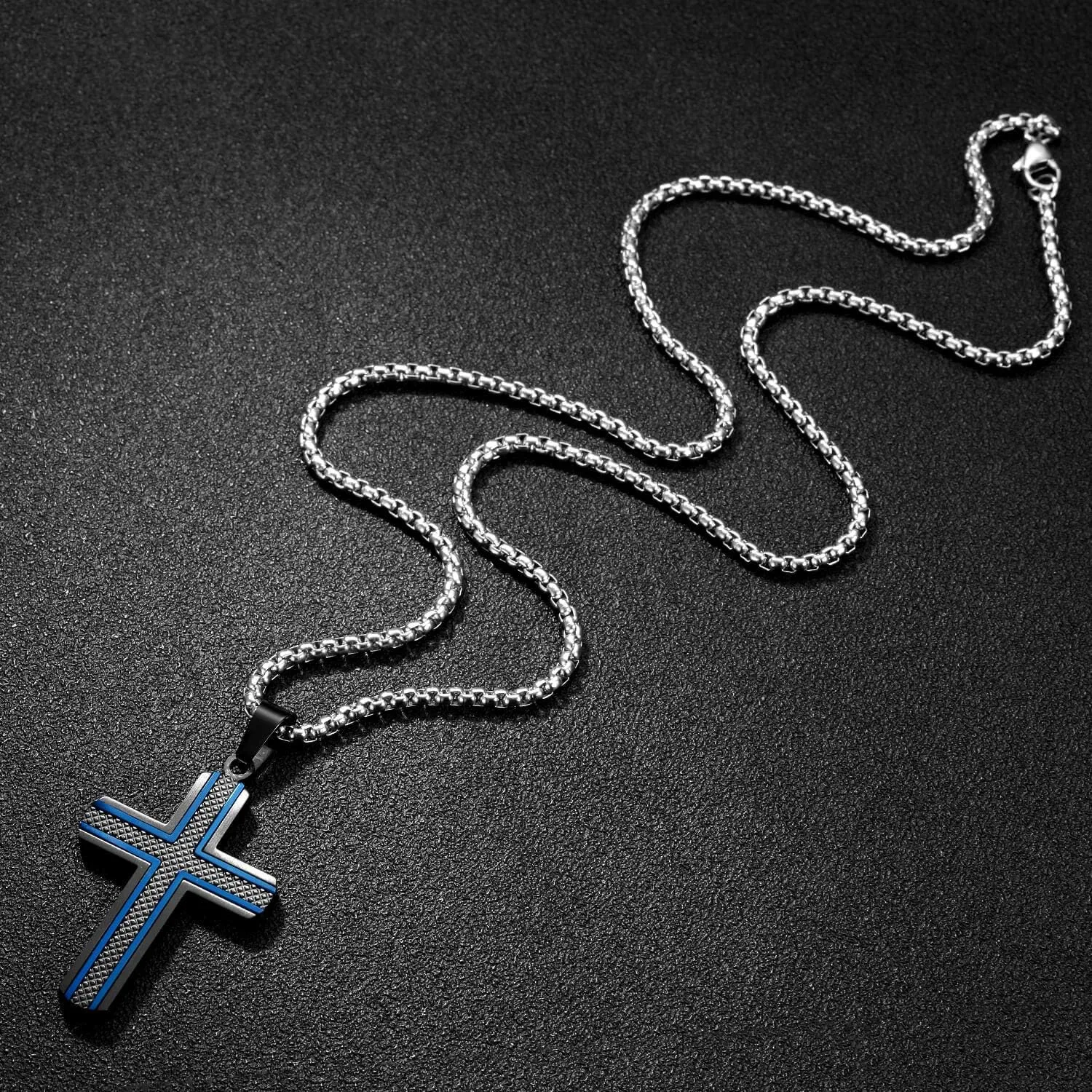 Men's Stainless Steel Cross Necklace,Two-Tone Black & Blue Carbon Fiber Pendant - Included Gift Box